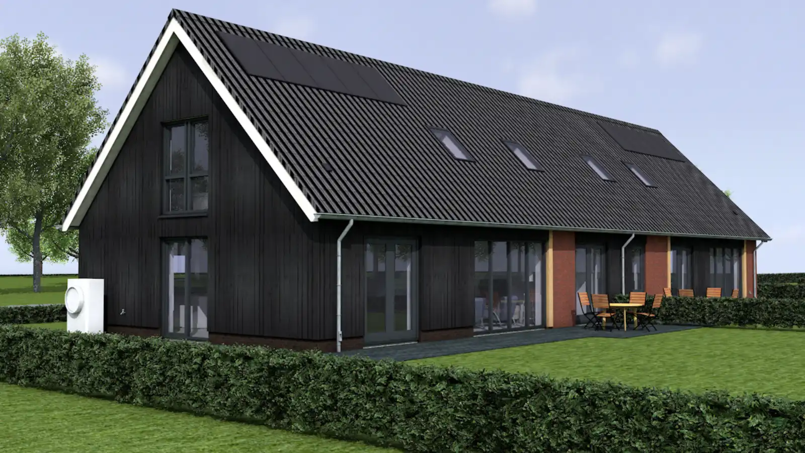 Render van twee onder 1 kap schuurwoning met de helft gevelbekleding