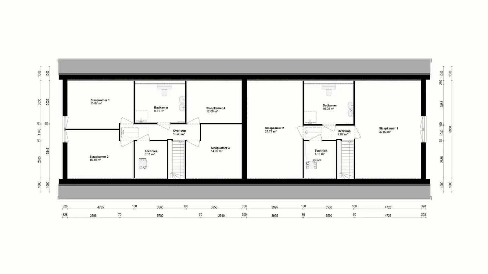 Plattegrond van eerste verdieping van twee onder 1 kap