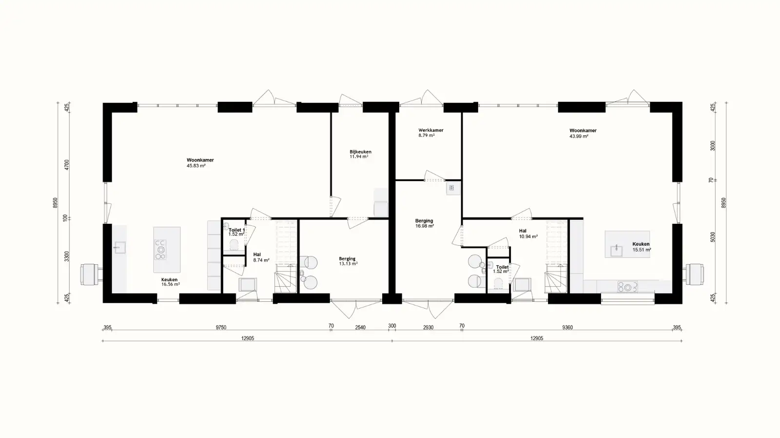 Plattegrond van begane grond van twee onder 1 kap‍