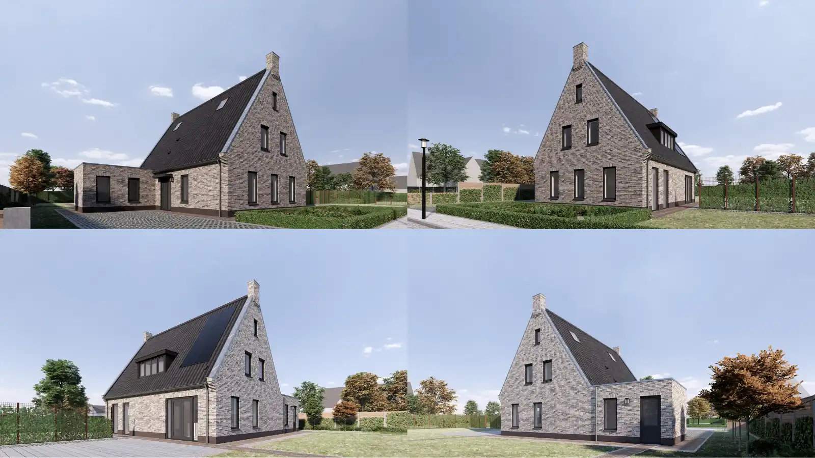 4 renders van dezelfde Moderne cottage met lichte stenen en een donker dak met dakkapel