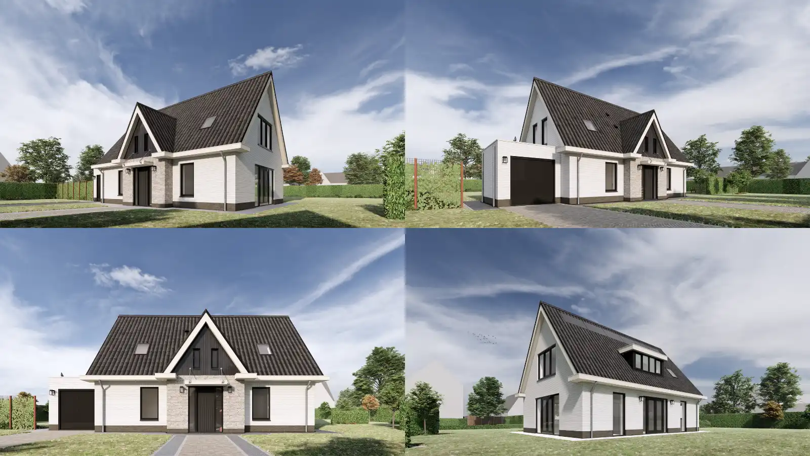 4 renders van dezelfde witte vrijstaande woning met risaliet