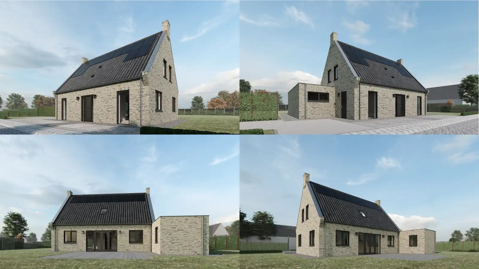 4 renders van modern vrijstaande woning met berging en zonnepanelen op het dak