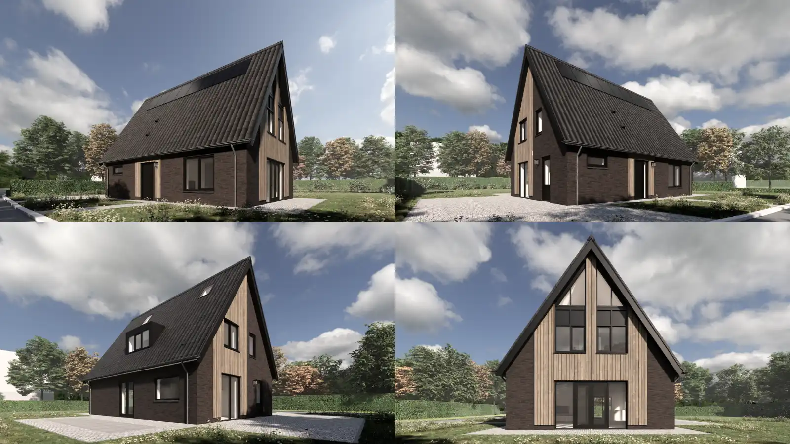 4 renders van vrijstaande woning met donkere stenen, lichte gevelbekleding en zonnepanelen 