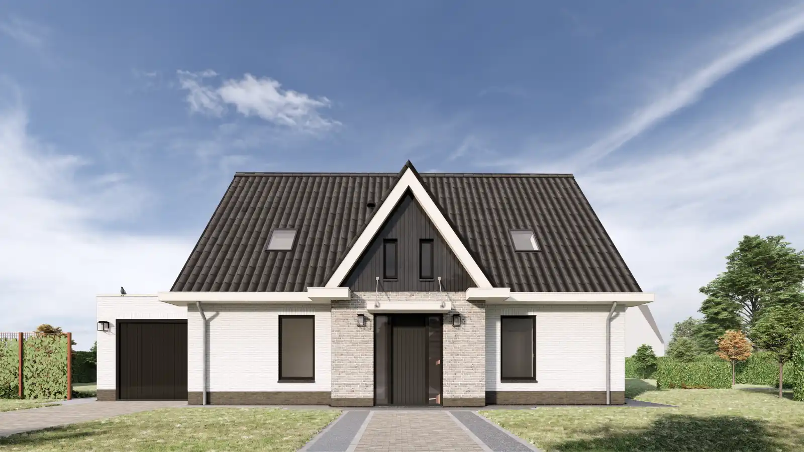 Render van vooraanzicht witte vrijstaande woning met risaliet