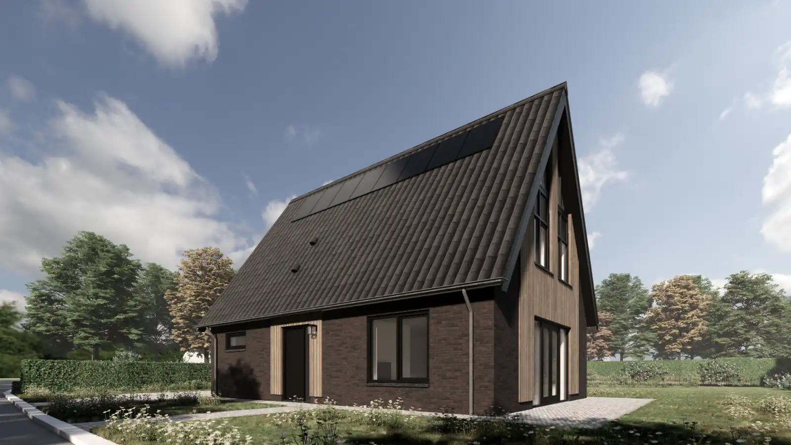 Vrijstaande woning met donkere stenen, lichte gevelbekleding en zonnepanelen 