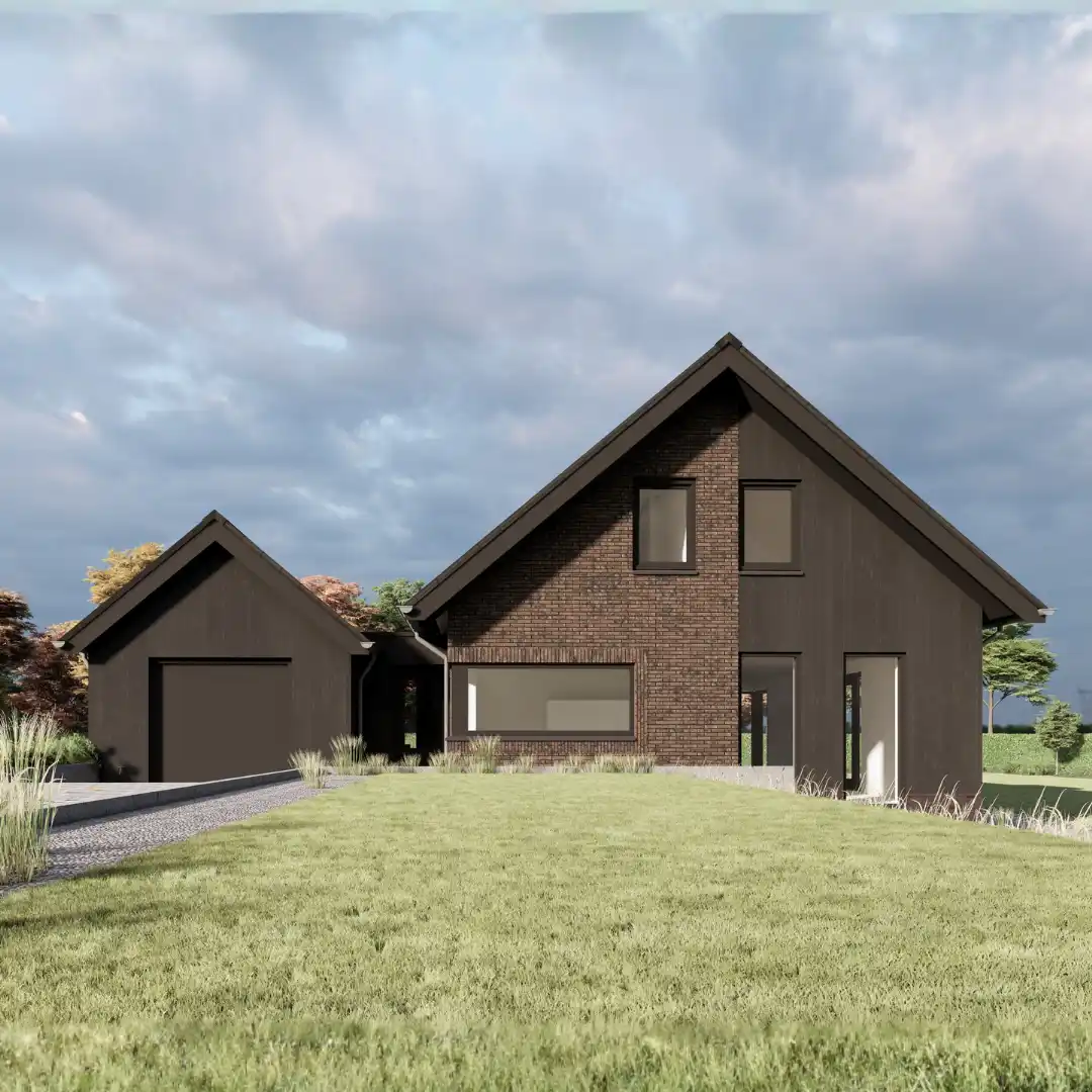 Render vrijstaande woning met aangebouwde garage en houtengevelbekleding