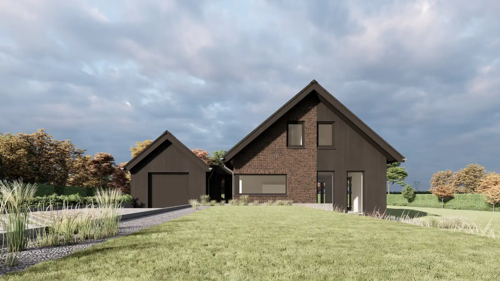 Render vrijstaande woning met aangebouwde garage en houtengevelbekleding