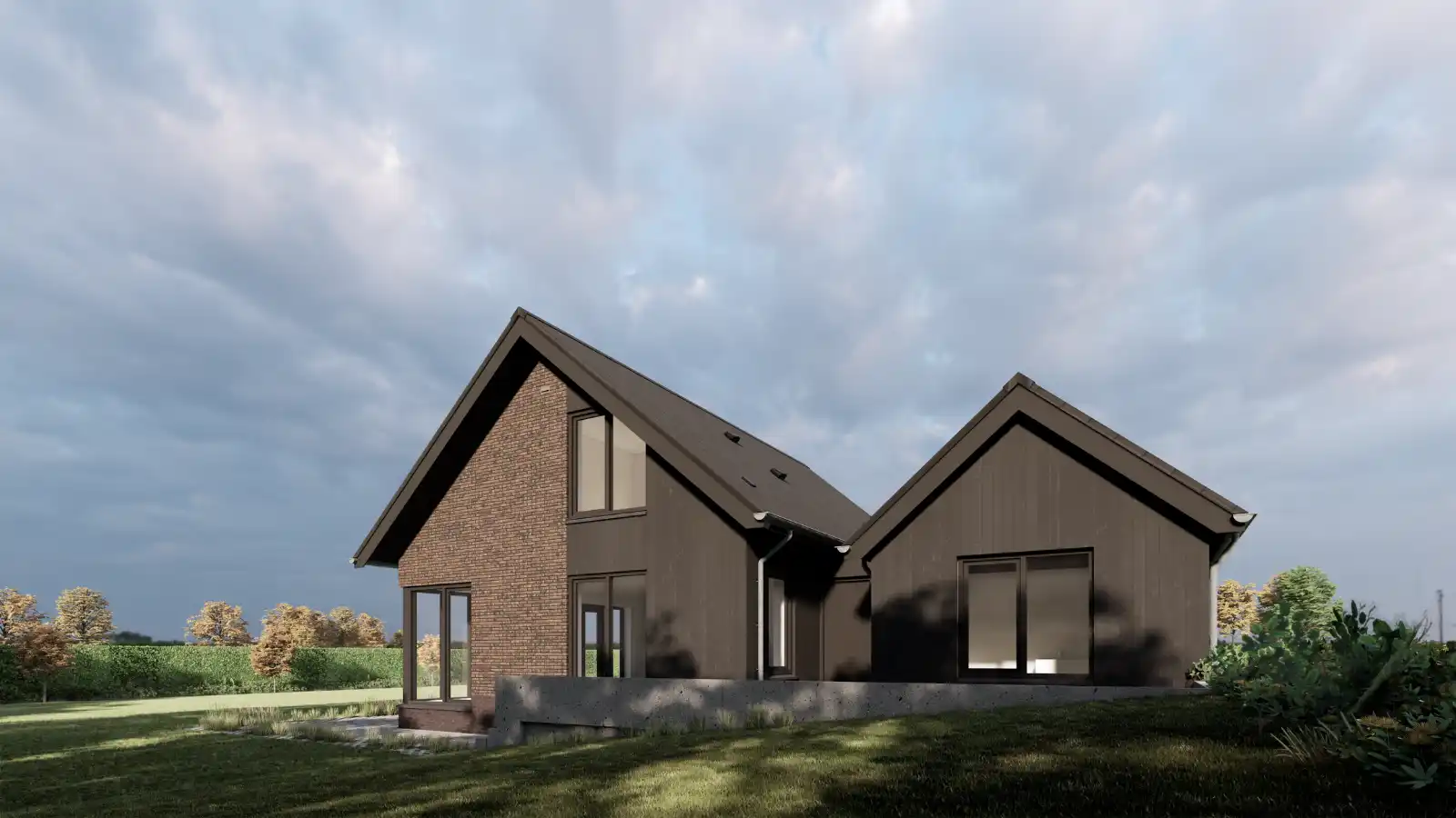 Render vrijstaande woning met aangebouwde garage en houtengevelbekleding