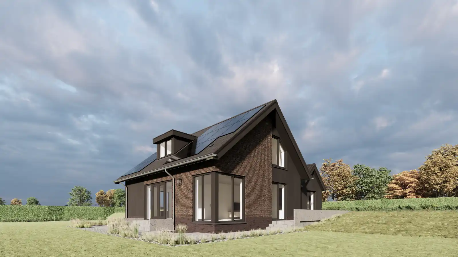 Render van zijaanzicht vrijstaande woning met houten gevelbekleding en dakkapel