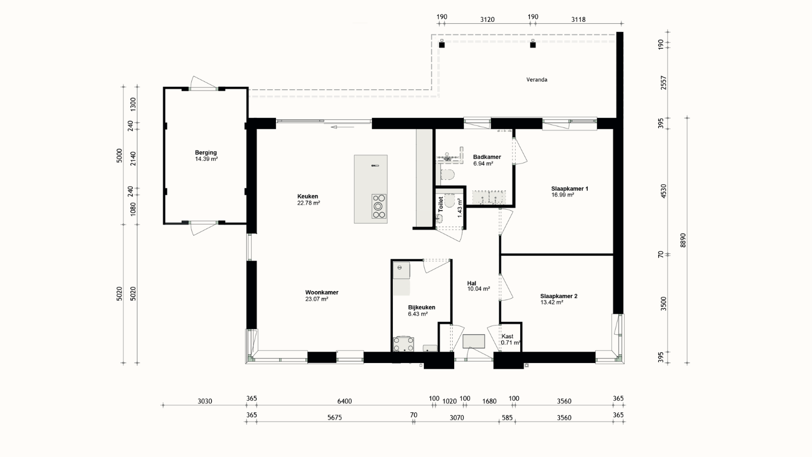 Plattegrond van gelijkvloerse bungalow met 2 slaapkamers