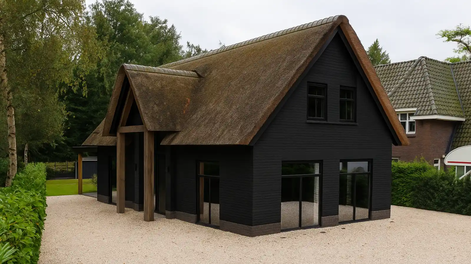 Boerderij woning met zwarte stenen en een rieten dak