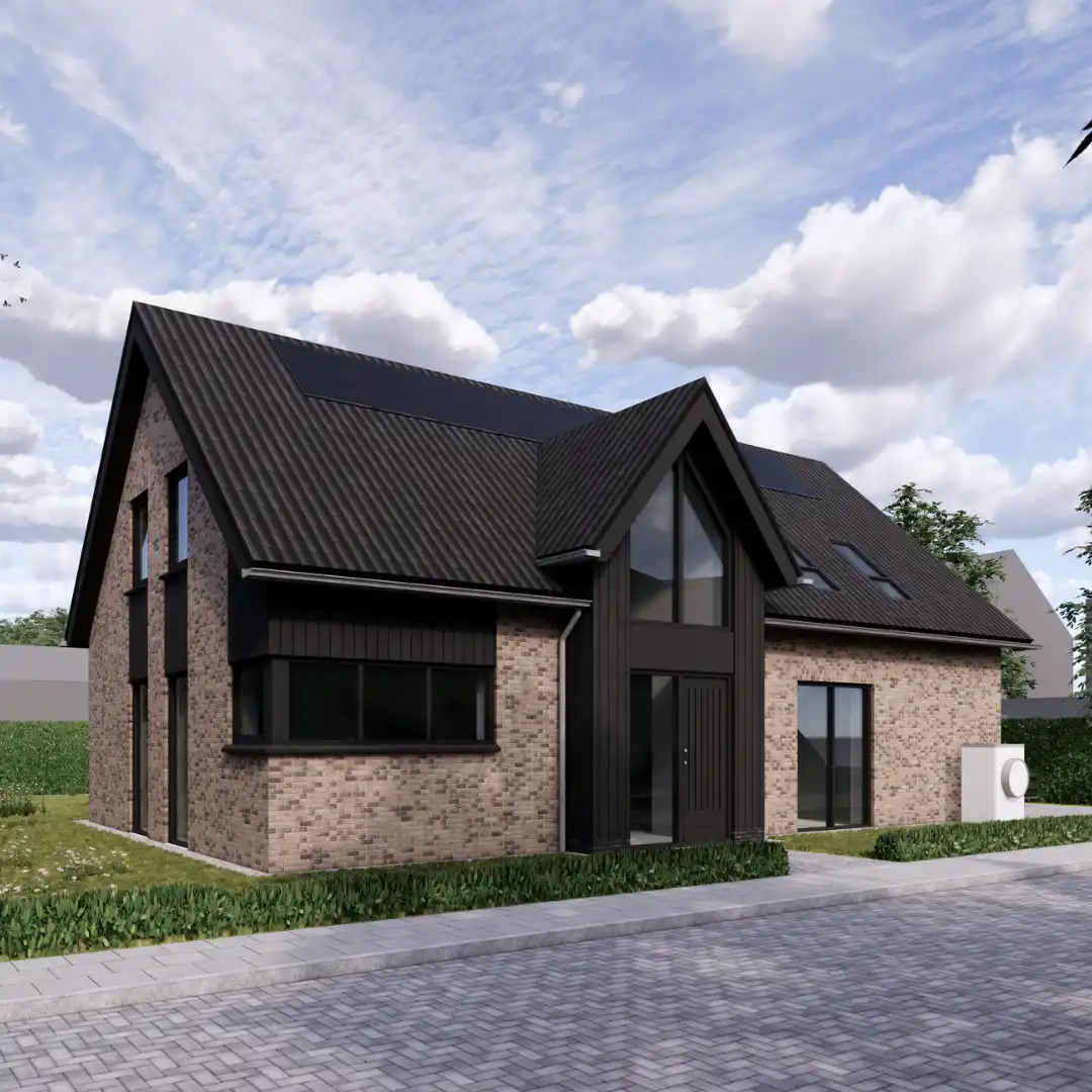 Render van vrijstaande woning met groot hoekkozijn en risaliet