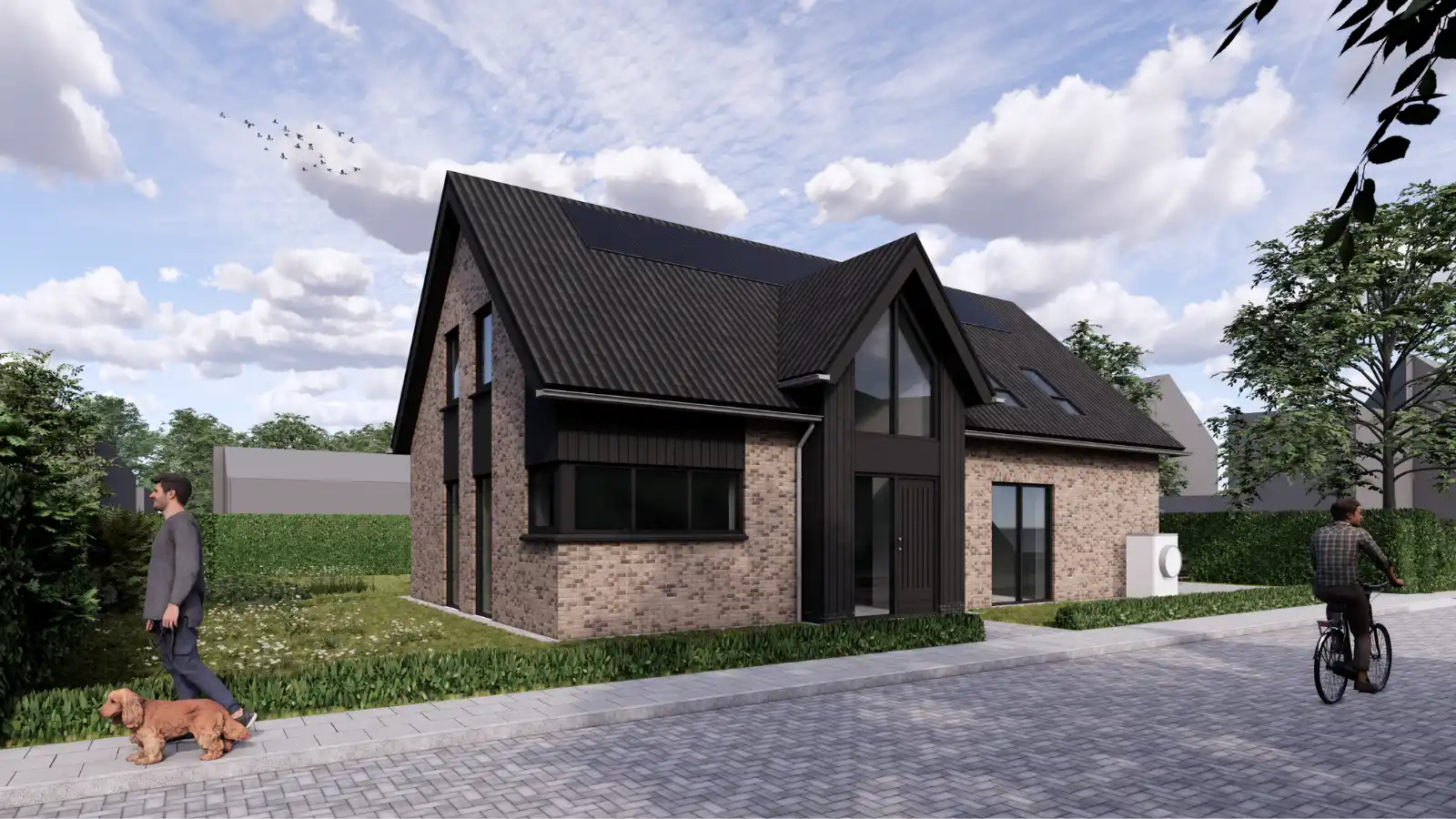 Render van vrijstaande woning met groot hoekkozijn en risaliet