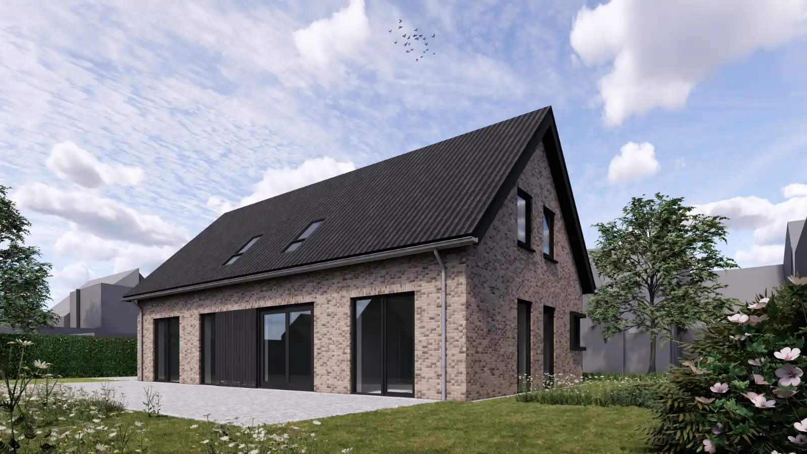 Render van achterzijde vrijstaande woning met grote raampartijen en gevelbekleding