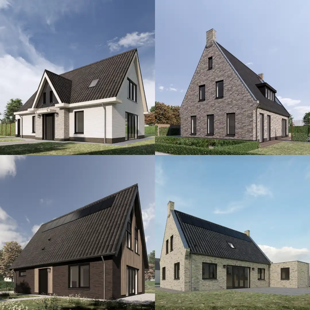 Vier verschillende renders van 4 unieke woningen