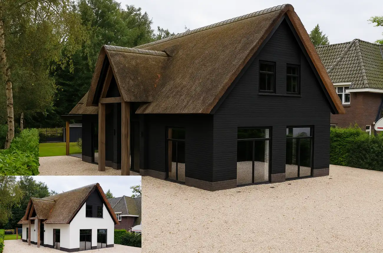 Vrijstaande woning met zwart stenen en risaliet en rieten dak