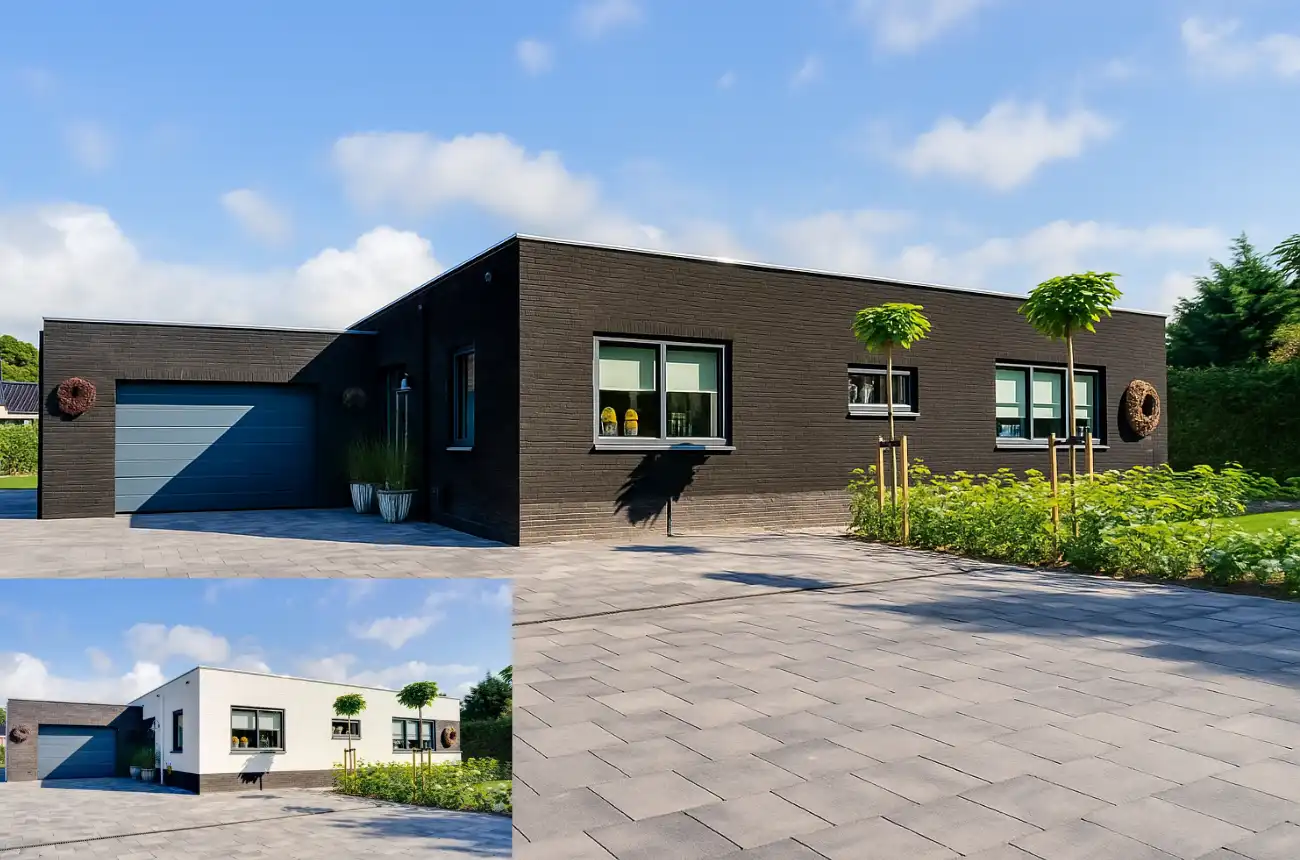 Bungalow met donkere stenen en aangebouwde garage