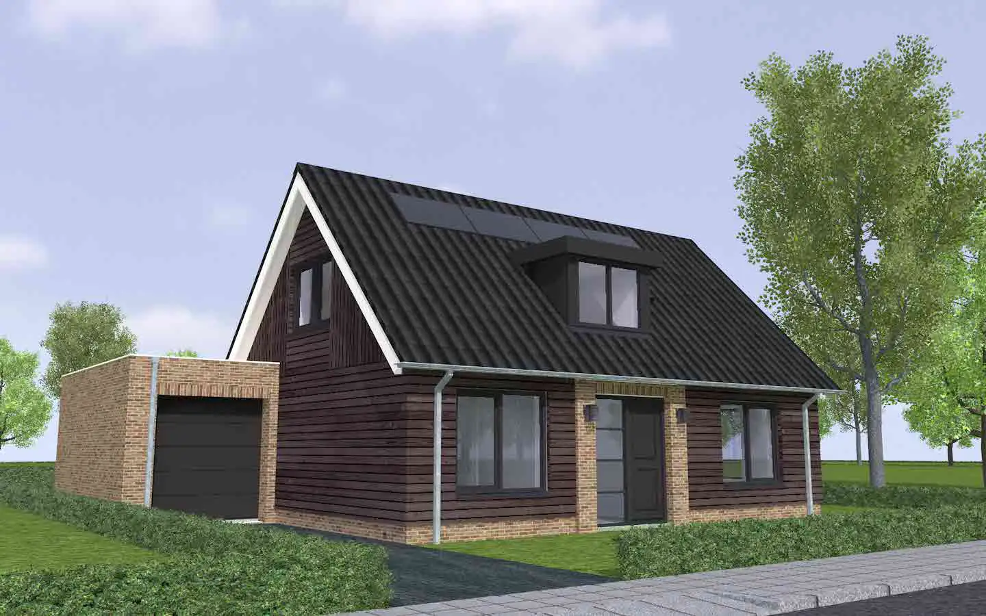 Vrijstaande woning met houten gevelbelkleding en aangebouwde garage