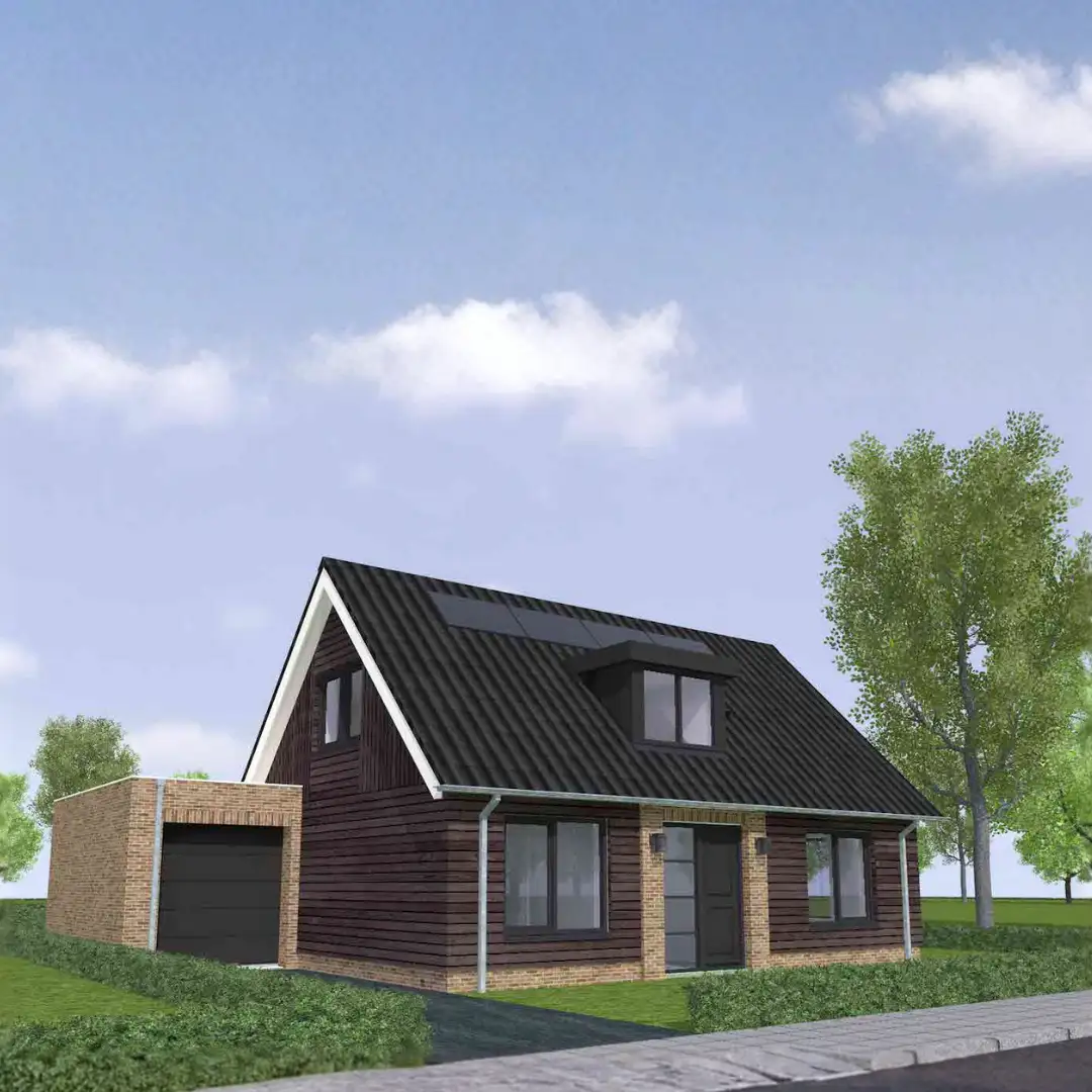 Vrijstaande woning met houten gevelbelkleding en aangebouwde garage
