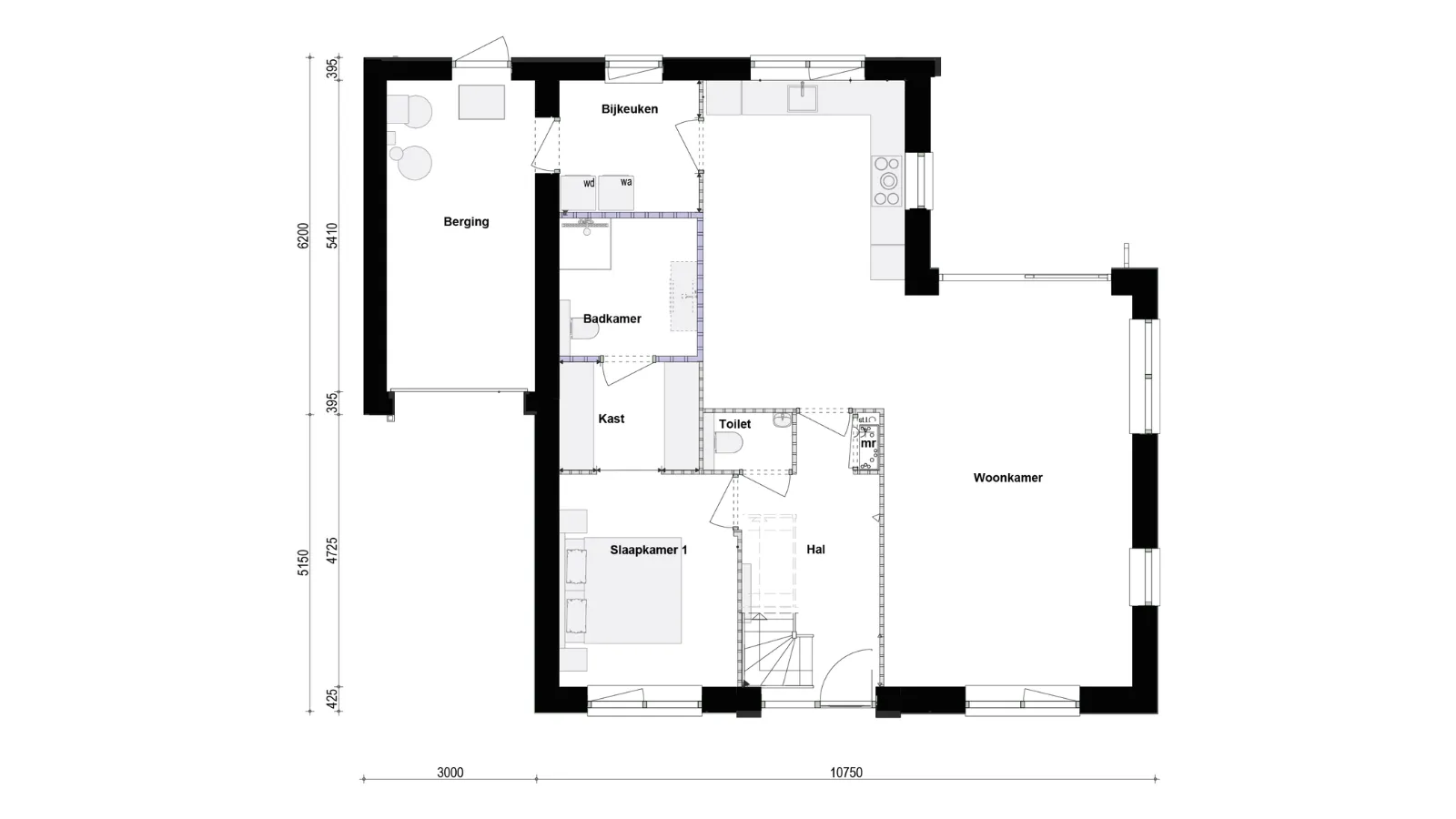 Plattegrond van begane grond met badkamer en slaapkamer
