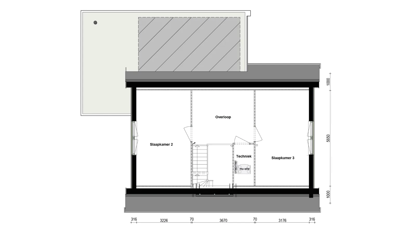 Plattegrond eerste verdieping met twee slaapkamers