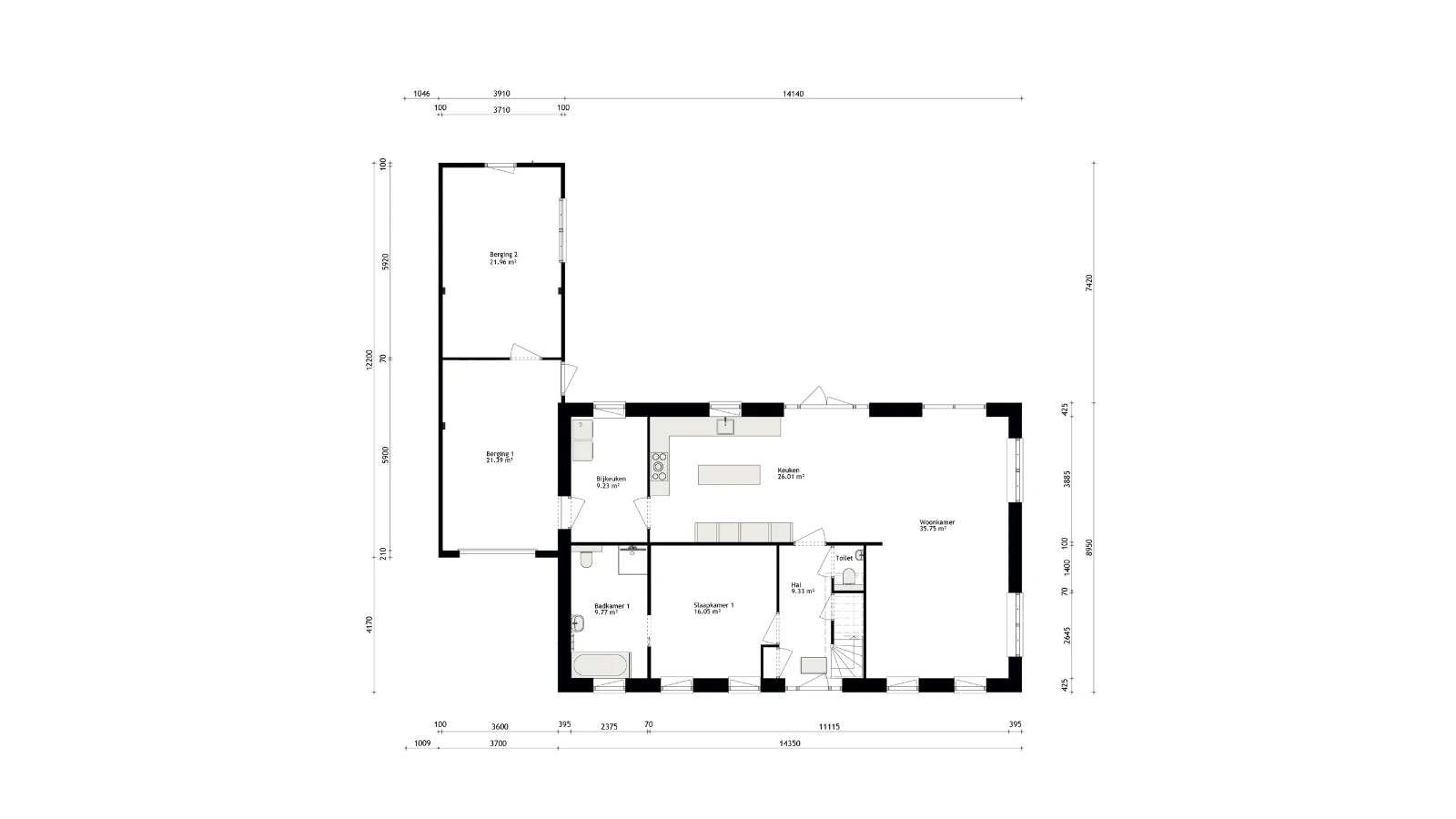 Plattegrond van een begane grond met aanbouw
