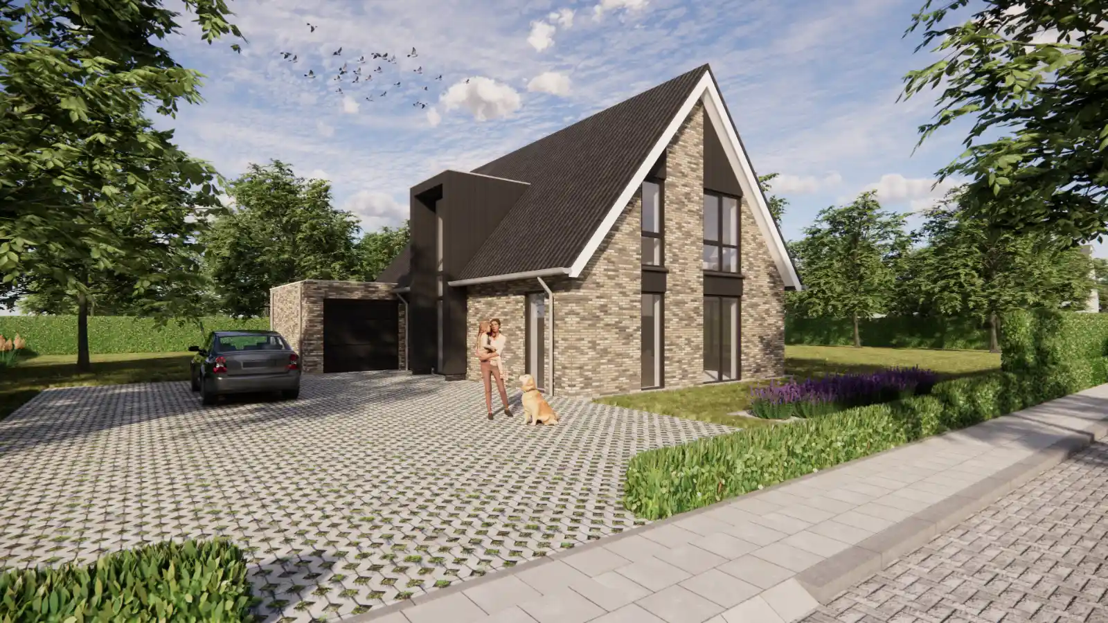 Render vooraanzicht eigentijdse woning met grote houten risaliet
