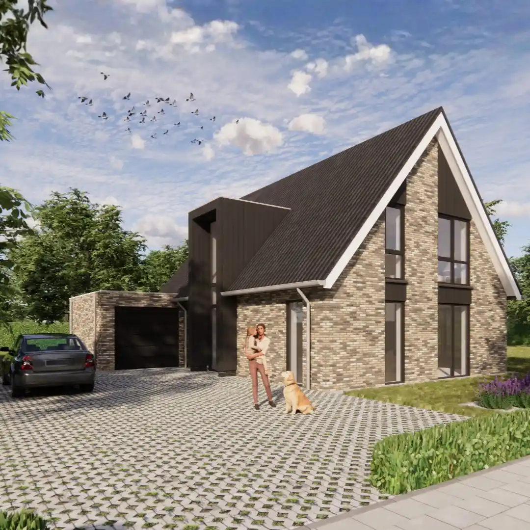 Render vooraanzicht eigentijdse woning met grote houten risaliet