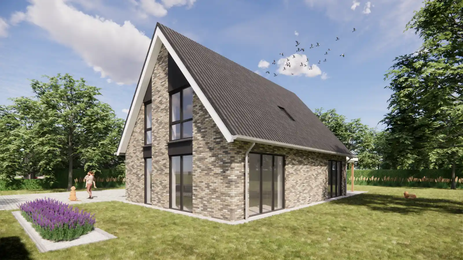 Render zijaanzicht eigentijdse vrijstaande woning met grote raampartijen