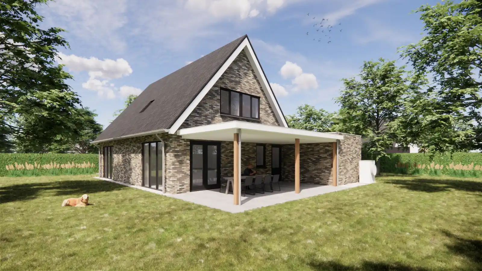 Render achterzijde vrijstaande woning met grote overkapping