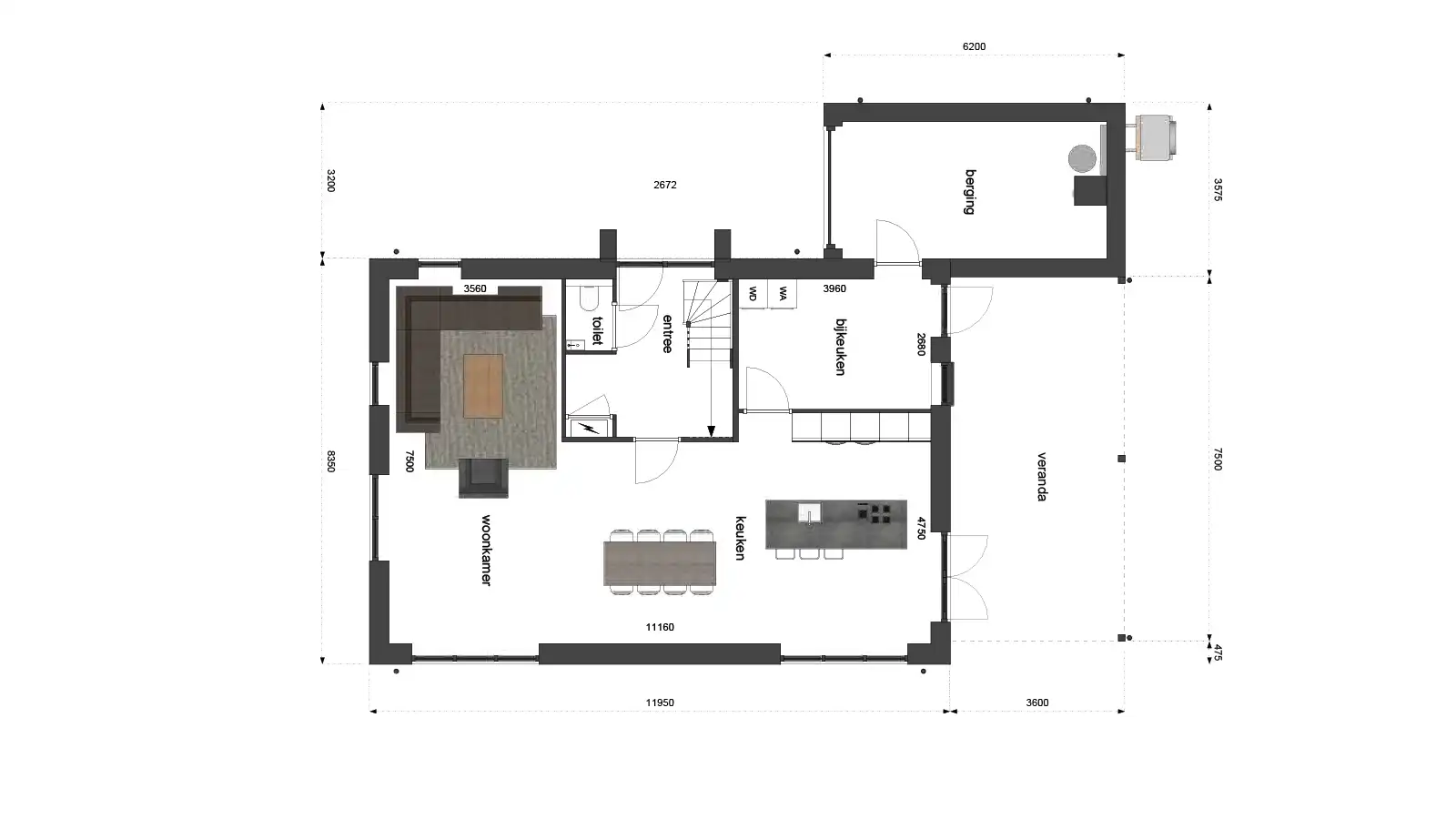 Plattegrond begane grond met grote leefruimte