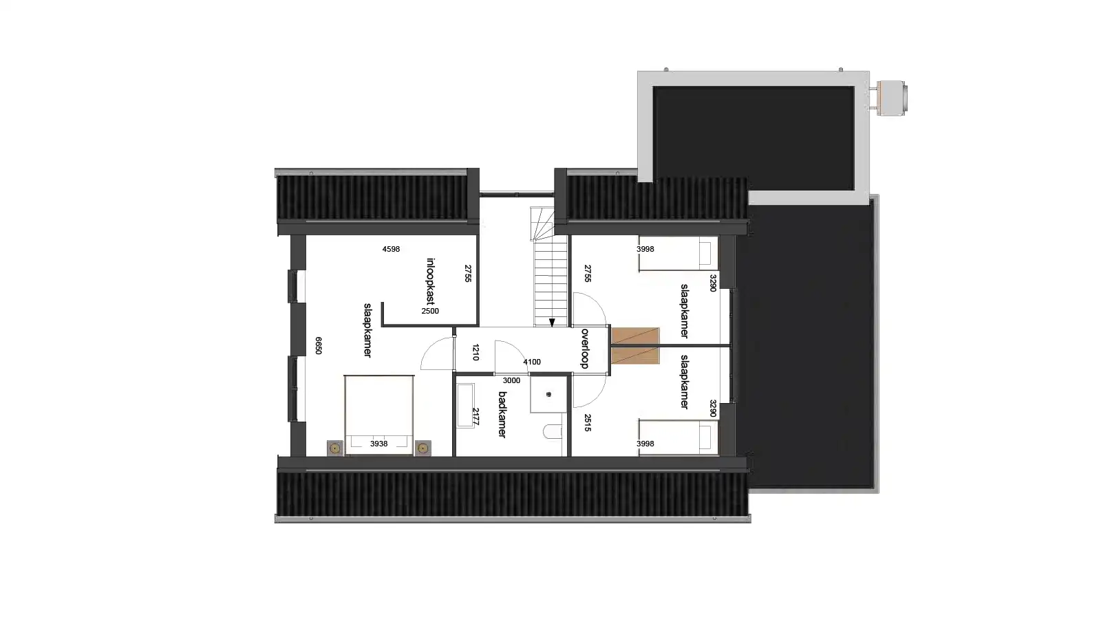 Plattegrond eerste verdieping met 3 slaapkamers en een badkmer