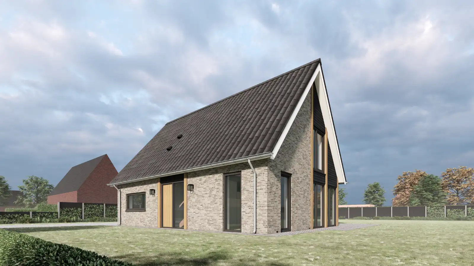 Vrijstaande woning met lichte stenen en donkerhouten gevelbekleding