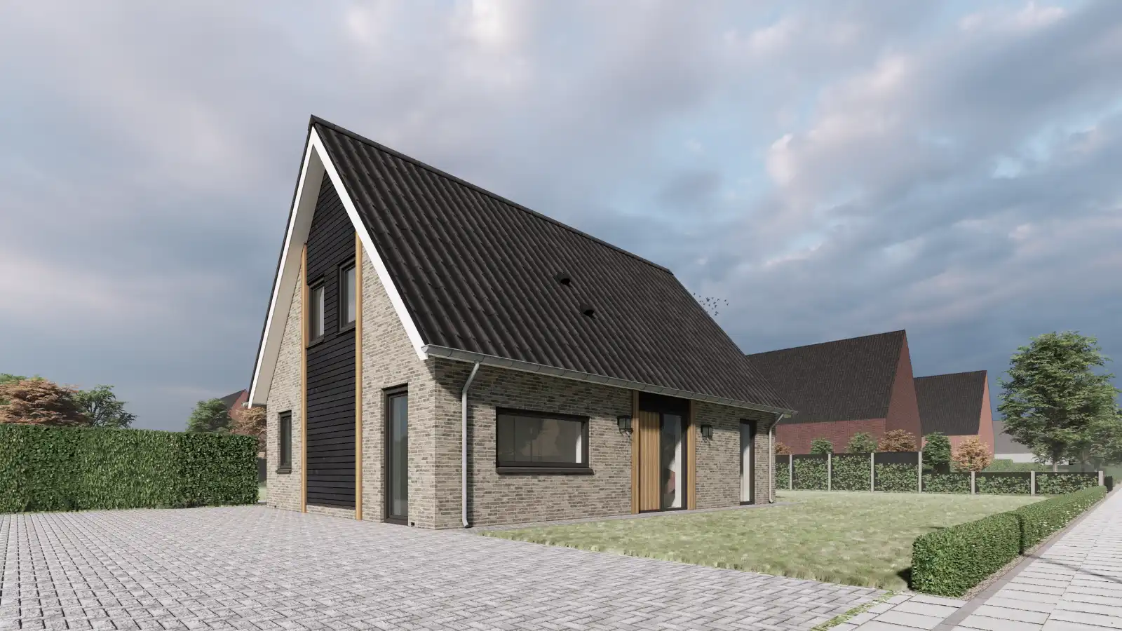 Zijaanzicht vrijstaande woning met lichte stenen en donkerhouten gevelbekleding