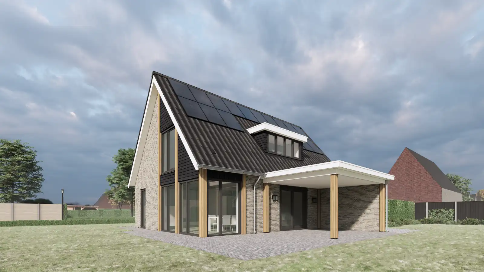 Zij aanzicht vrijstaande woning met lichte stenen en donkerhouten gevelbekleding en grote overkapping