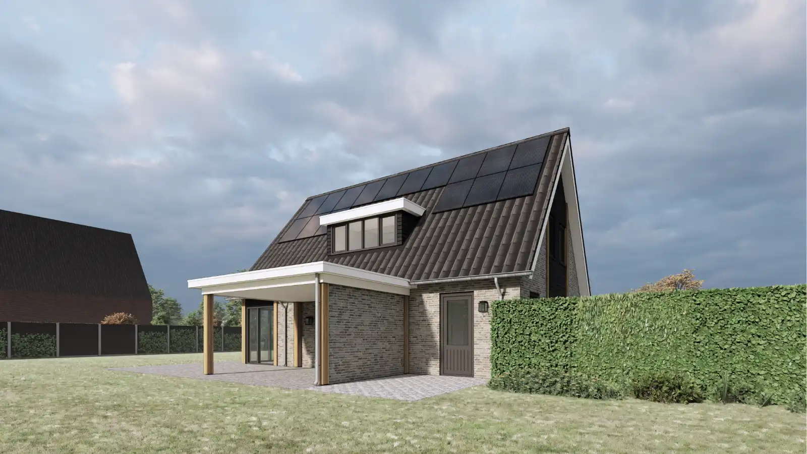 Achter aanzicht vrijstaande woning met lichte stenen en donkerhouten gevelbekleding en grote overkapping