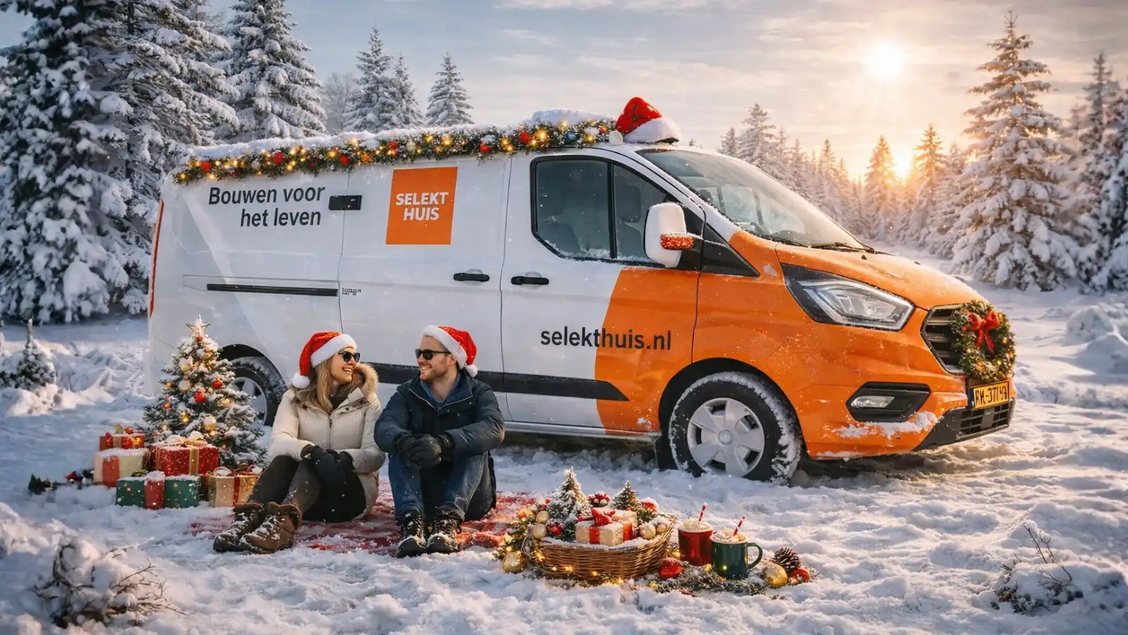 Vrouw en an zitten voor een selekthuis werkbus is de sneeuw met kerstversiering
