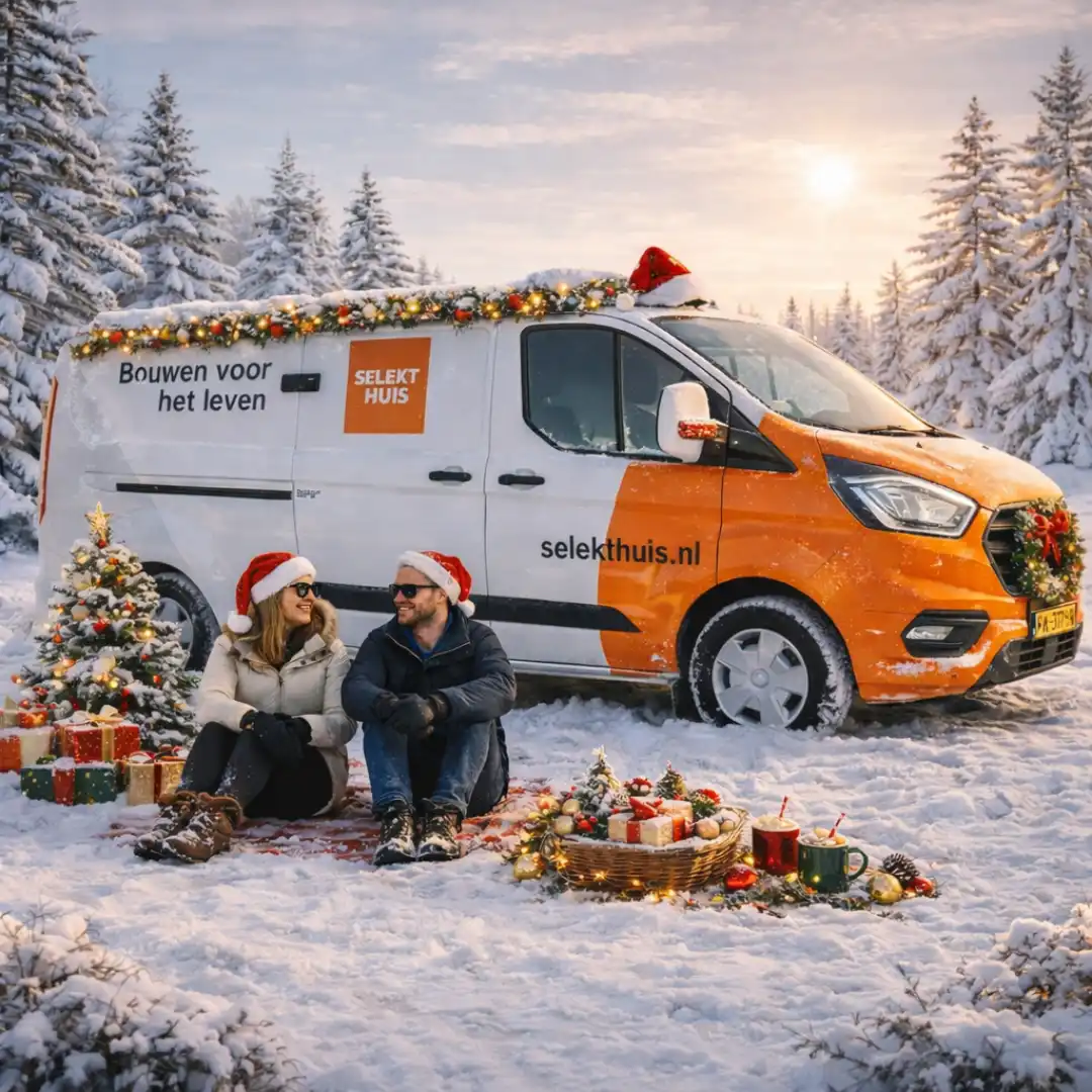 Vrouw en an zitten voor een selekthuis werkbus is de sneeuw met kerstversiering