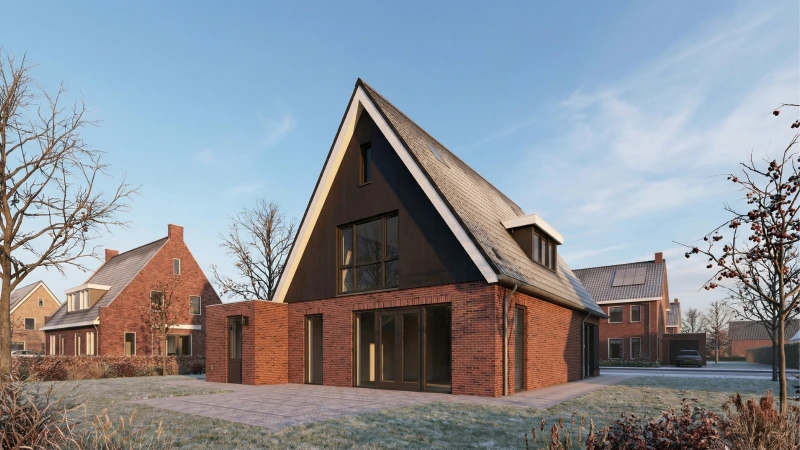 Render achterzijde vrijstaande woning met zwarte gevelbekleding en rode stenen