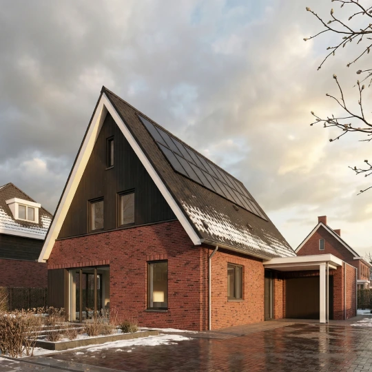 Render vooraanzicht vrijstaande woning met zwarte gevelbekleding en rode stenen