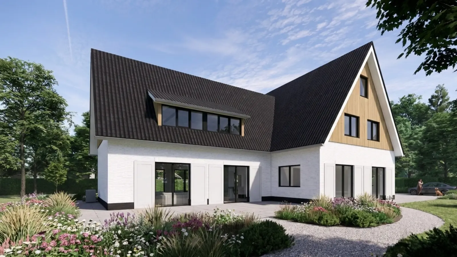 Render achterzijde grote vrijstaande woning met dakkapel, houtengevelbekleding en witte stenen