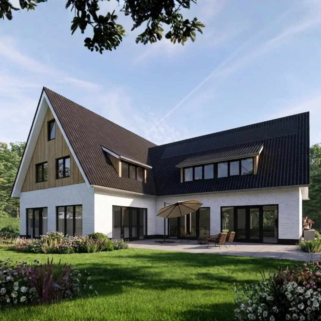 Render grote vrijstaande woning met twee dakkapellen, houtengevelbekleding en witte stenen