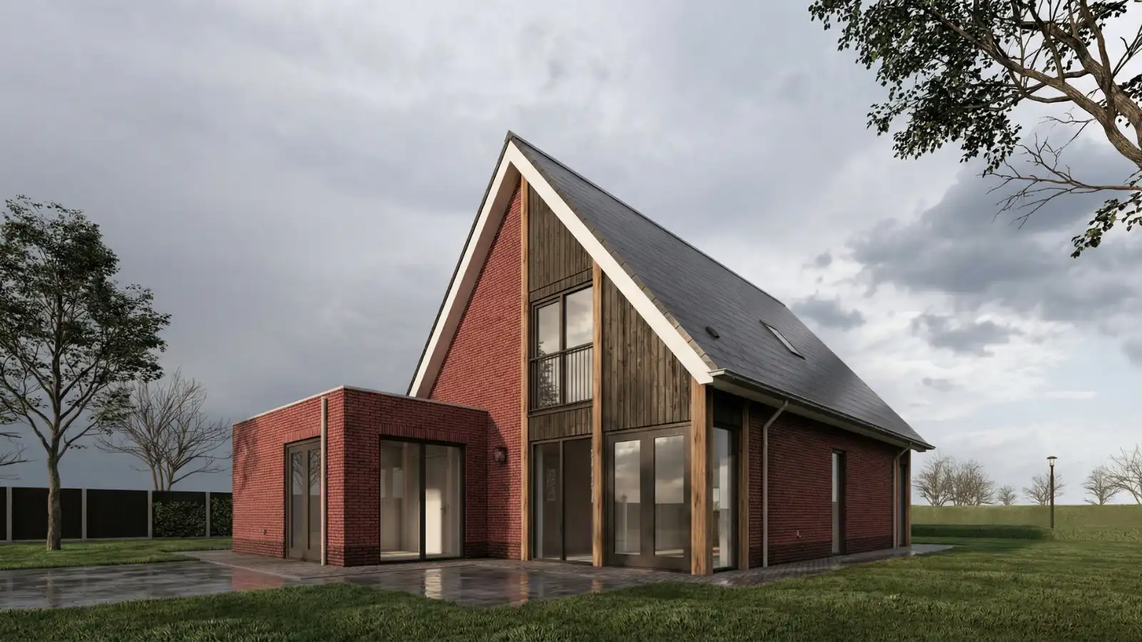 Render achter aanzicht vrijstaande woning rode stenen en houtengevelbekleding