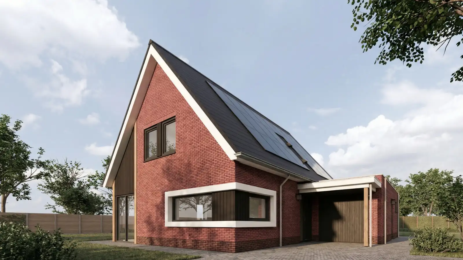 Render vooraanzichr vrijstaande woning met hoekkozijn