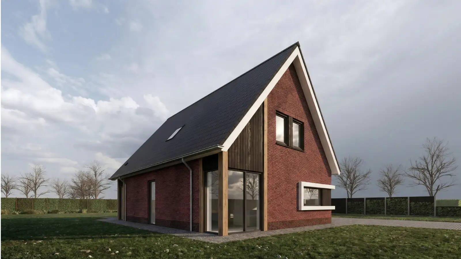 Render vooraanzichr vrijstaande woning met houten gevelbekleding