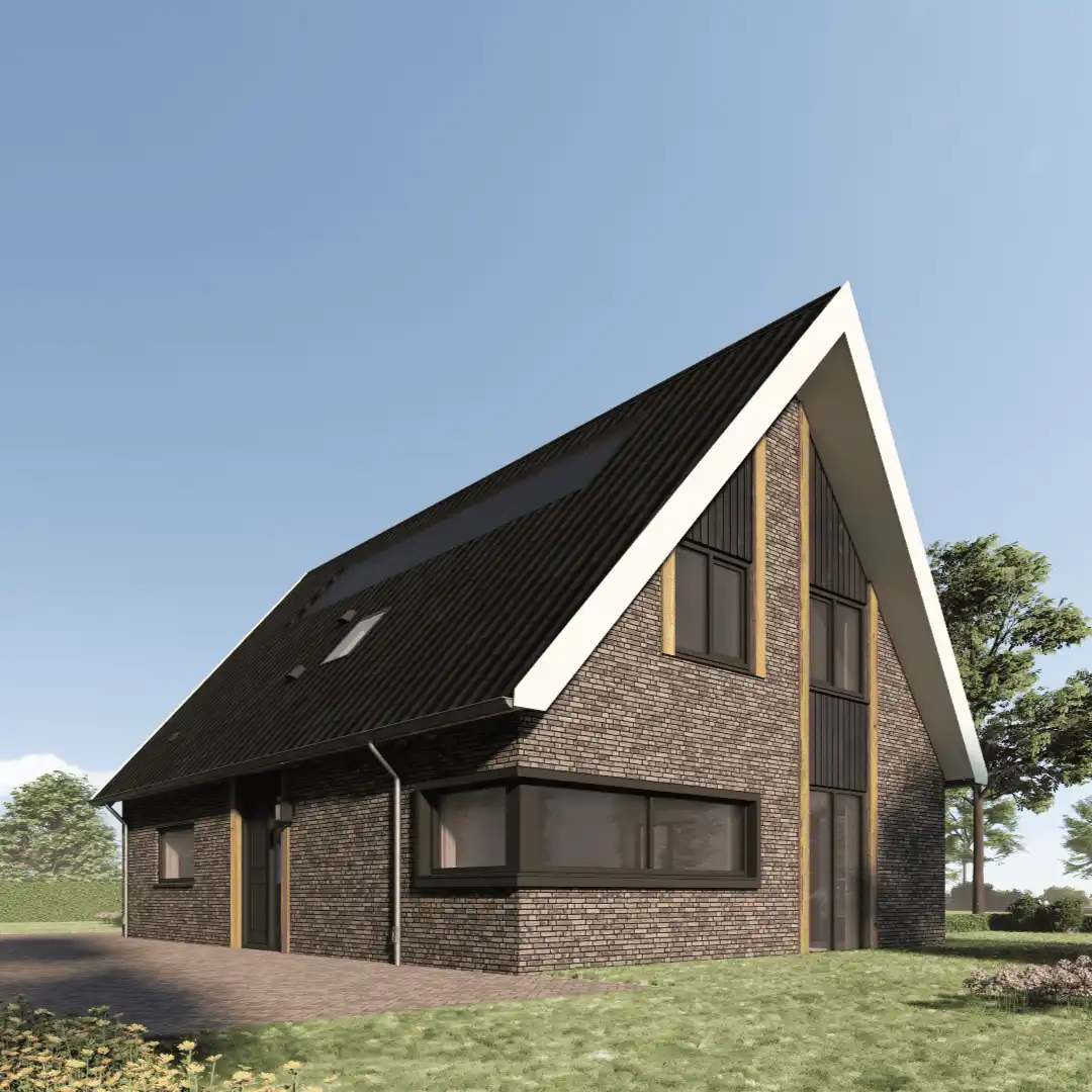 Vrijstaande woning met hoekkozijn, eiken gebinten, grijze stenen en zwarte gevelbekleding