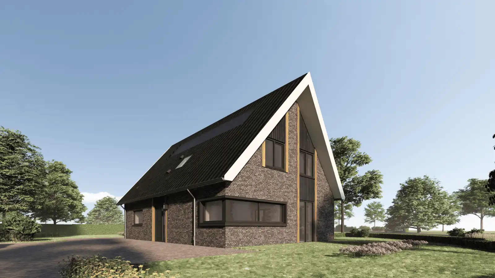 Vrijstaande woning met hoekkozijn, eiken gebinten, grijze stenen en zwarte gevelbekleding