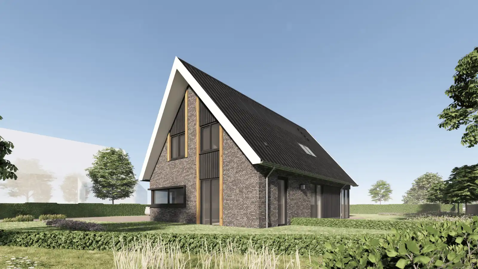 Vrijstaande woning met eiken gebinten, grijze stenen en zwarte gevelbekleding