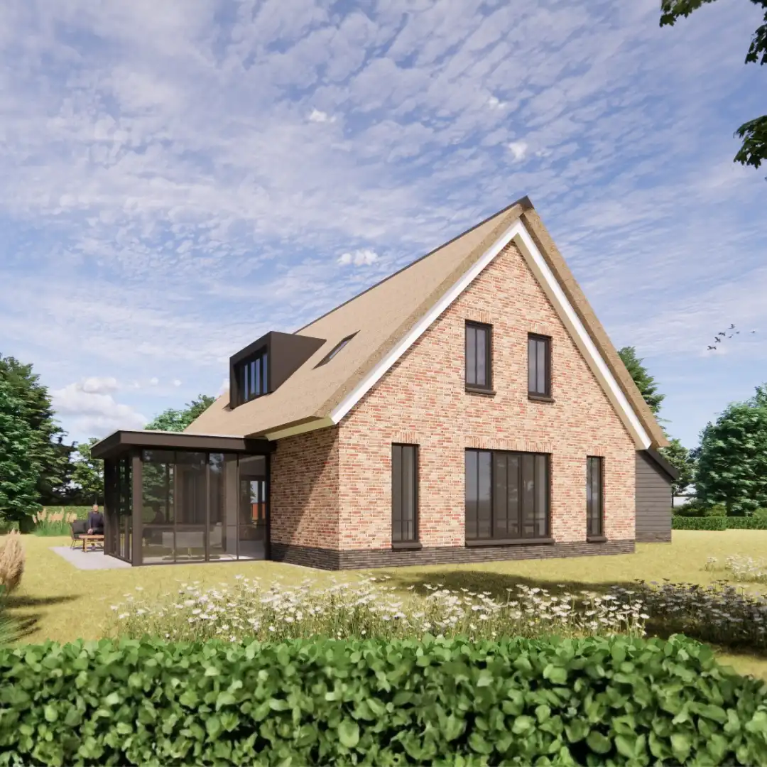 Render vrijstaande boerderijwoning met rieten dak