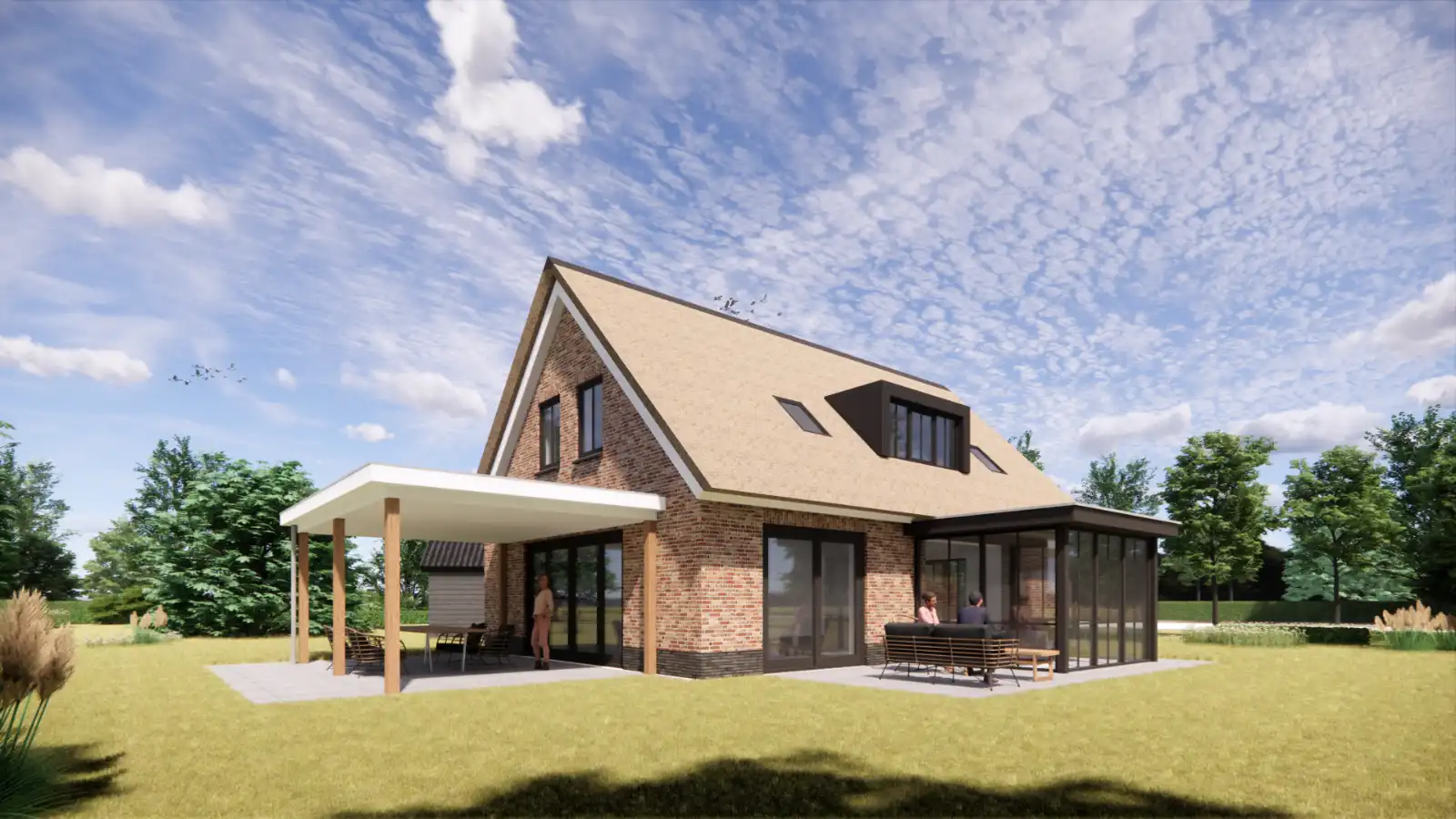 Render vrijstaande boerderijwoning met rieten dak en overkapping